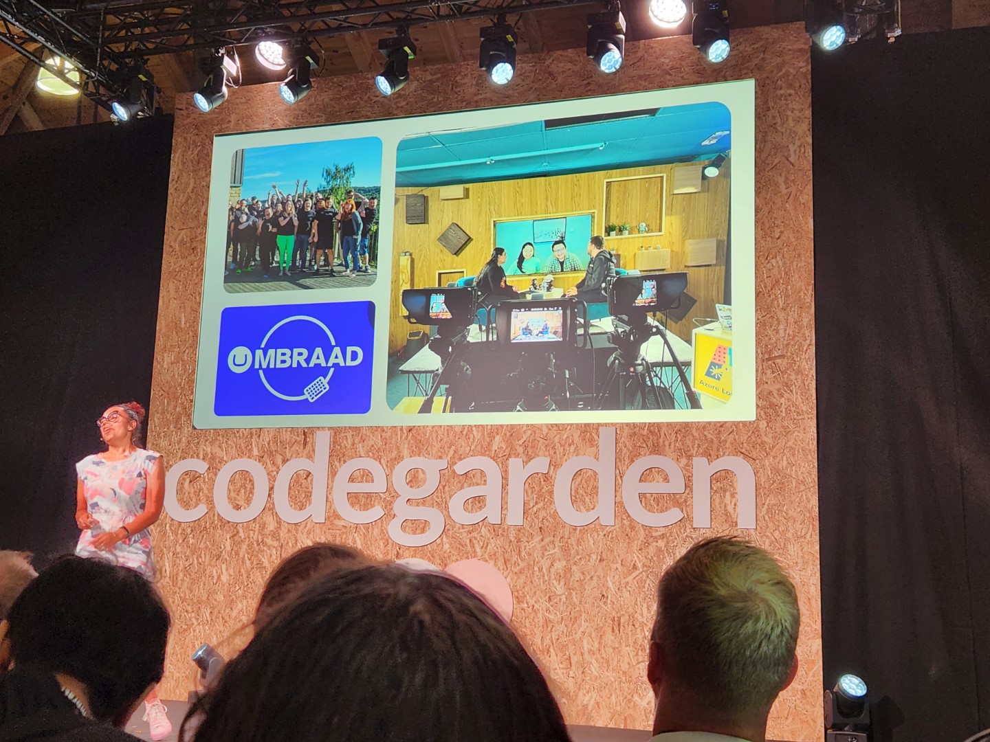 Emma on the Code garden stage presenting keynote.