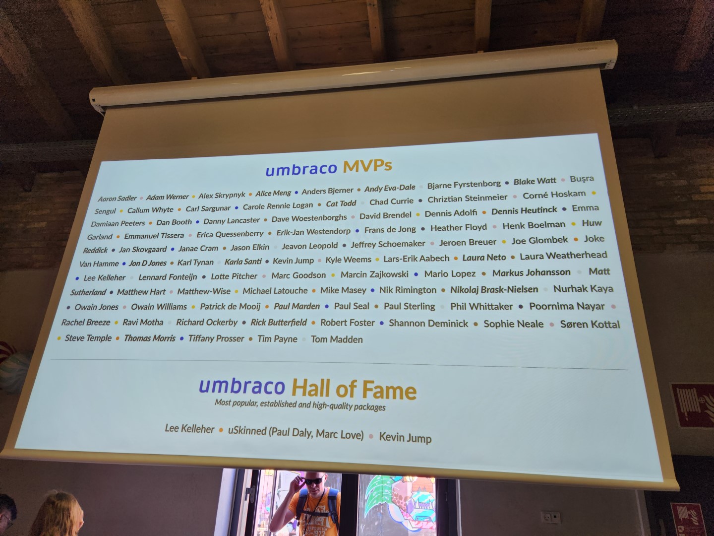 A powerpoint slide projection with 2023 MVP's names on it.